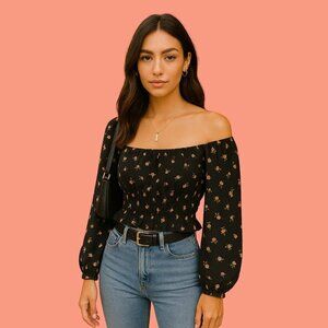 Iris Black Floral Off-Shoulder Smocked Blouse (Size M) Romantic Cottagecore Top